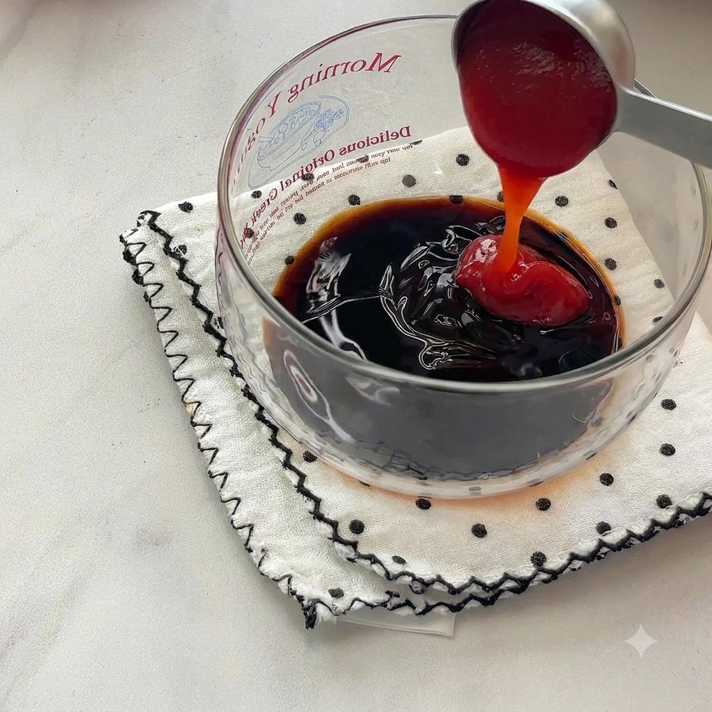 Kétchup rojo siendo vertido desde una cuchara de metal en un bol transparente lleno de salsa de soja oscura.