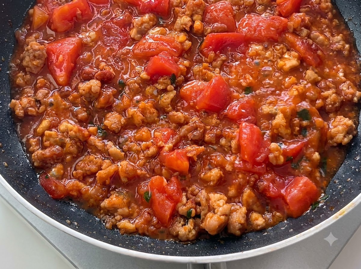 Tomates rojos en dados mezclados con carne picada cocida cociéndose a fuego lento en una sartén.