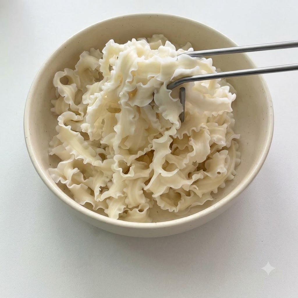 Fideos ondulados rizados simples y cocidos siendo colocados en un bol de servicio de cerámica blanca con palillos de metal.