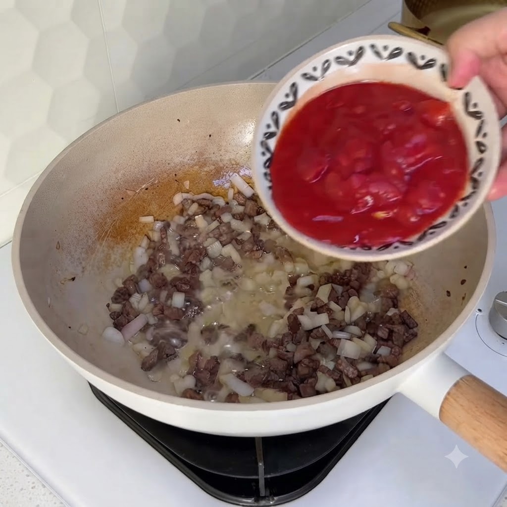 Un tazón pequeño vertiendo tomates rojos en dados en el wok con ternera y cebollas.