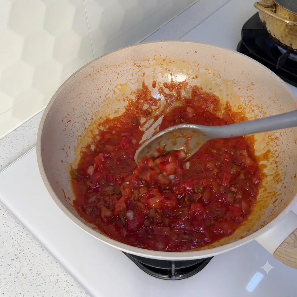 Una cuchara de cocina gris removiendo una mezcla espesa y roja de tomate y ternera dentro de un wok.