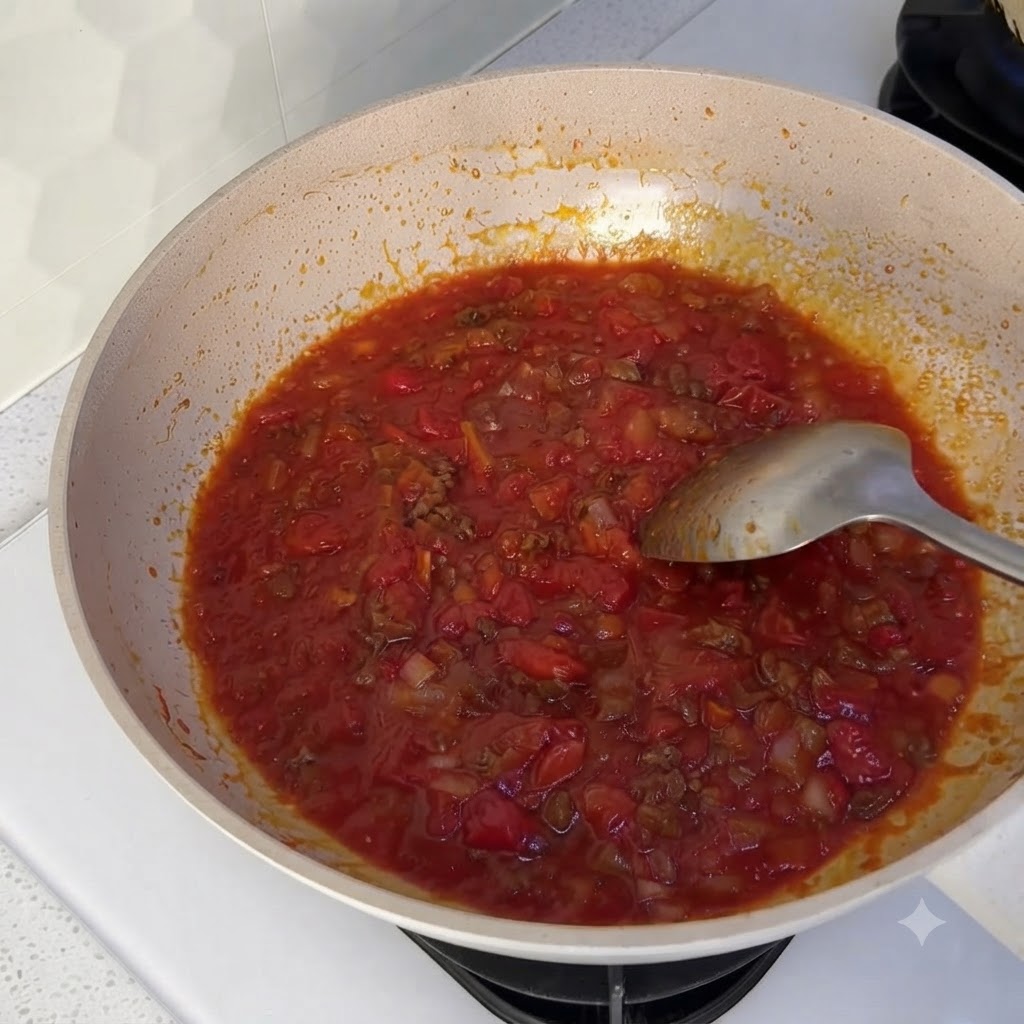 Una vista de cerca de la salsa de tomate roja humeante dentro del wok.