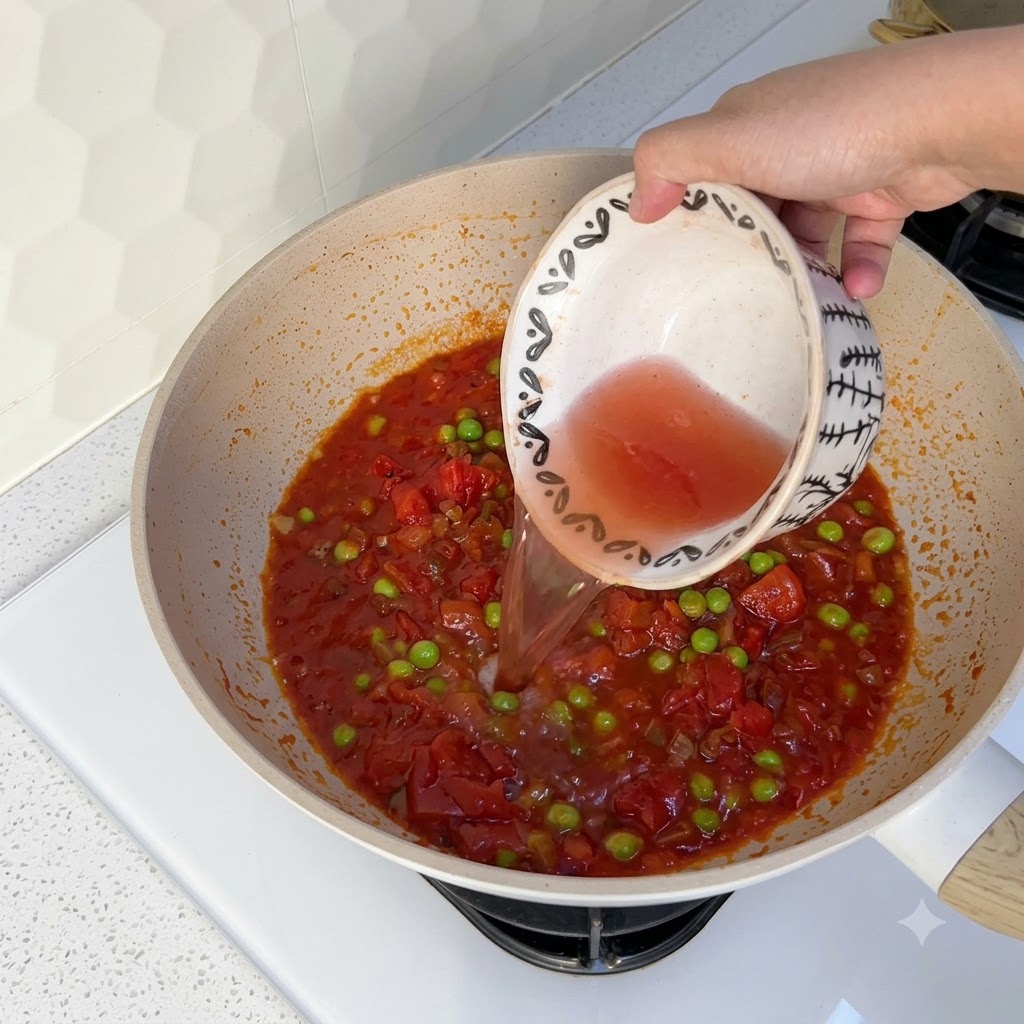 Un tazón pequeño vertiendo agua en el wok lleno de salsa de tomate y guisantes verdes.
