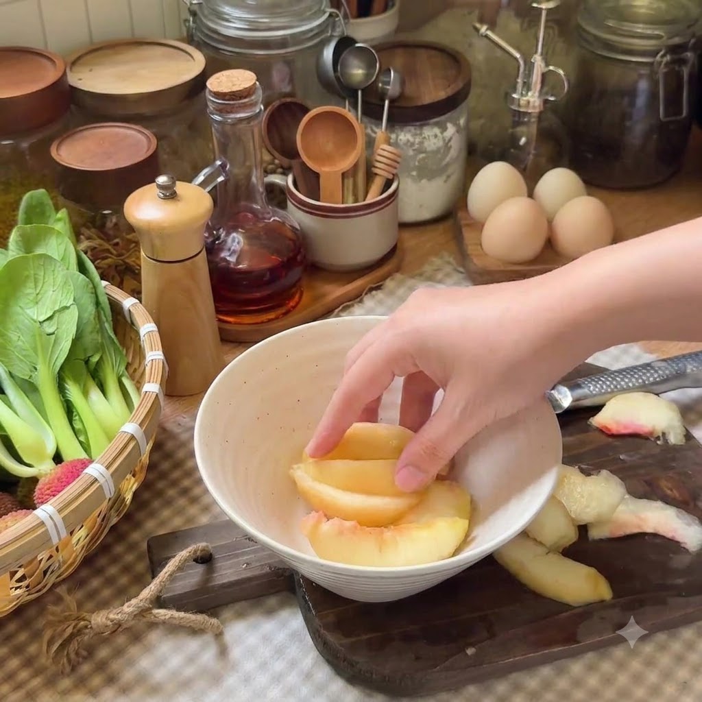 Rodajas de melocotón en un bol mezclándose con té negro en polvo, zumo de limón y sirope de arce.