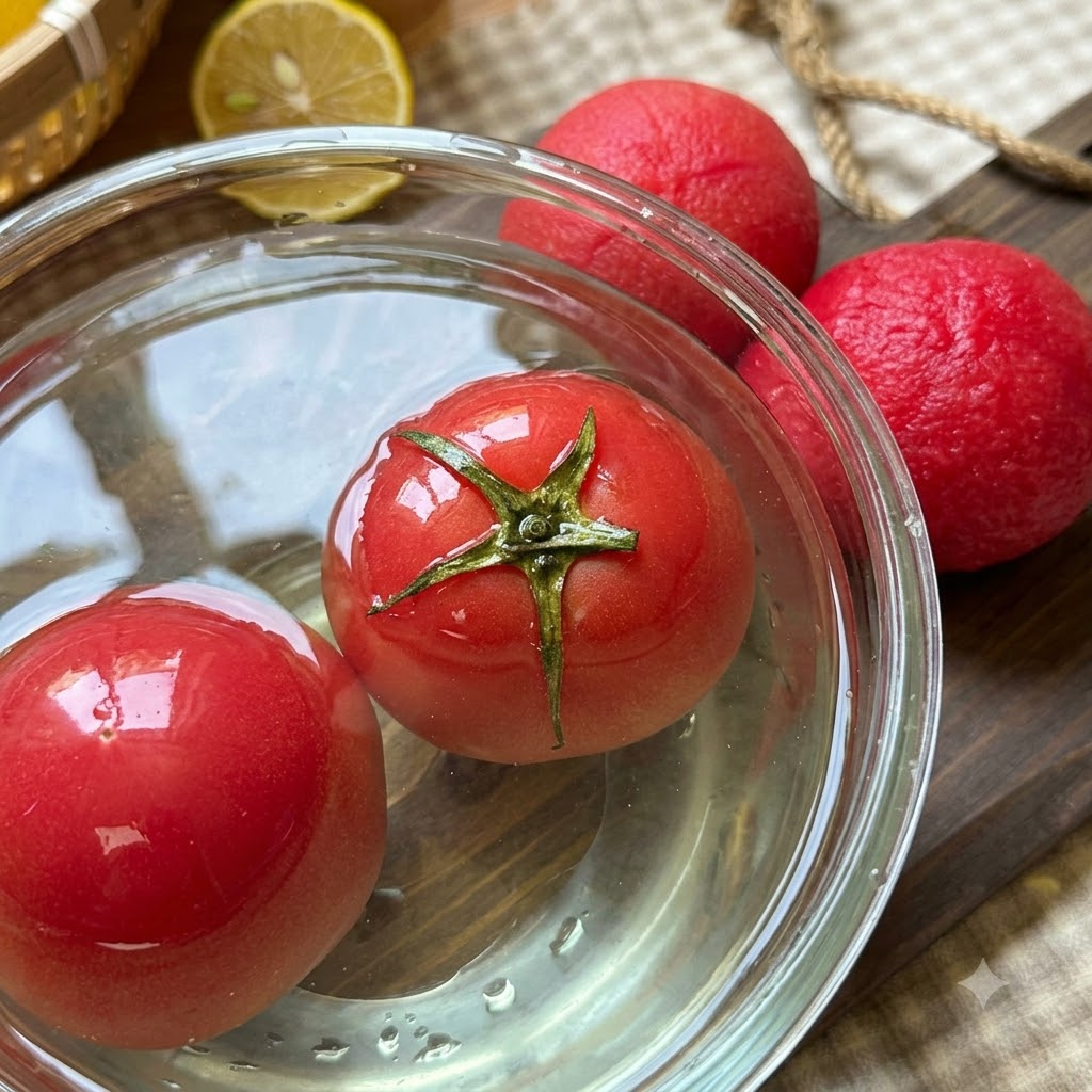 Tomates congelados remojándose en un bol de cristal con agua tibia y tomates pelados al lado en una tabla de madera.