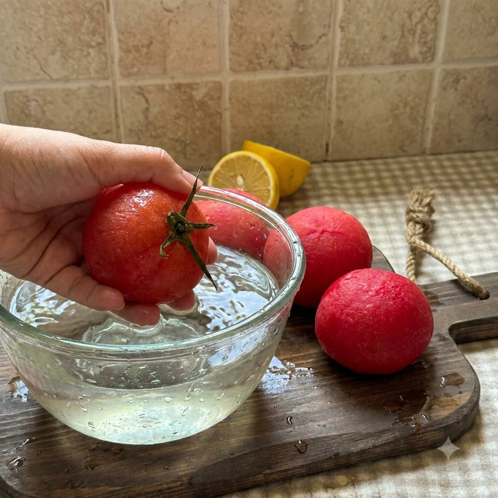 Tomates pelados cortándose y picándose en trozos pequeños sobre una tabla de cortar de madera.