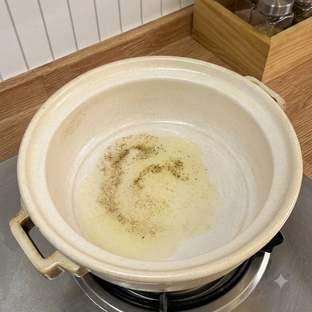 Ajo picado chisporroteando en aceite caliente dentro de una olla de cerámica en el fogón.
