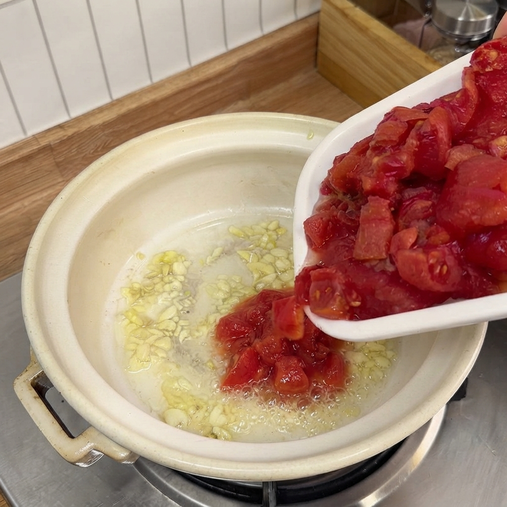 Tomates picados cayendo desde un plato blanco a una olla que contiene ajo sofrito.