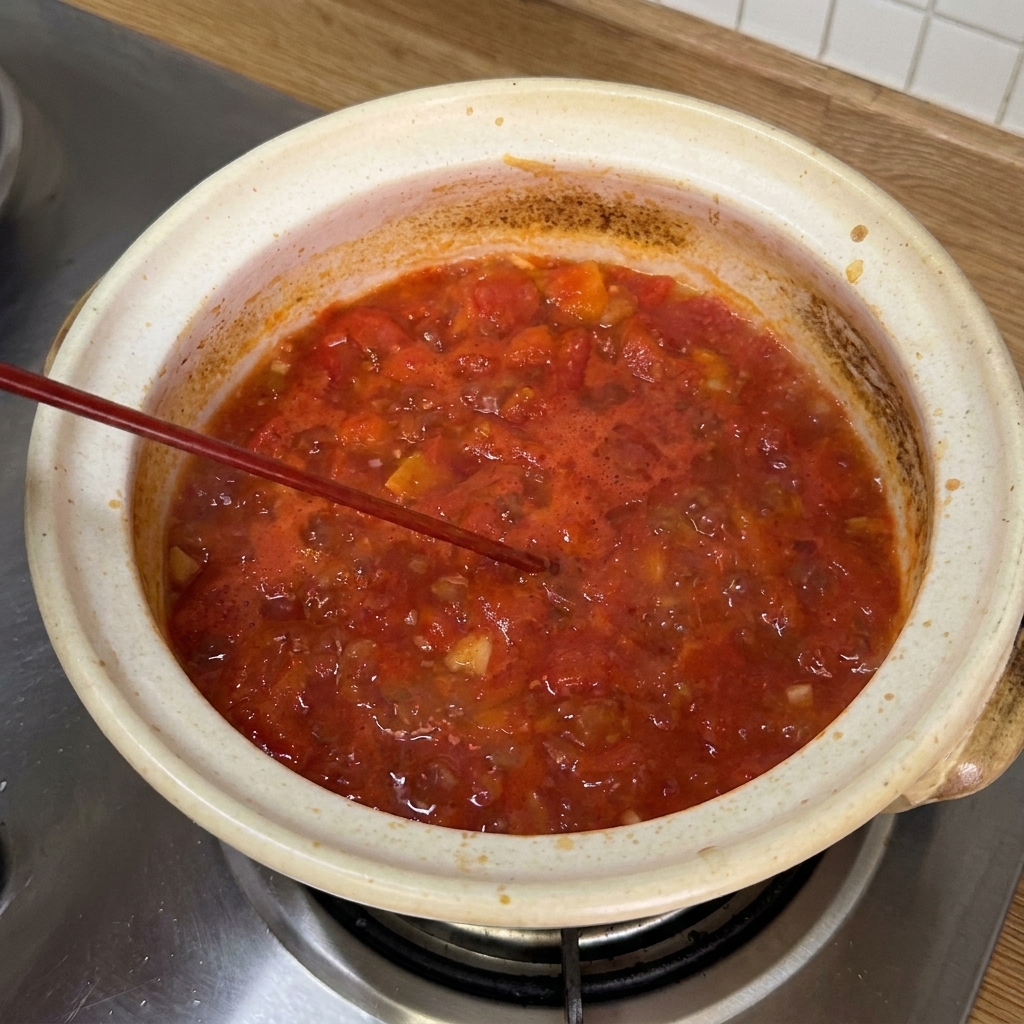 Varias salsas y condimentos vertiéndose y mezclándose en la base de tomate hirviendo.