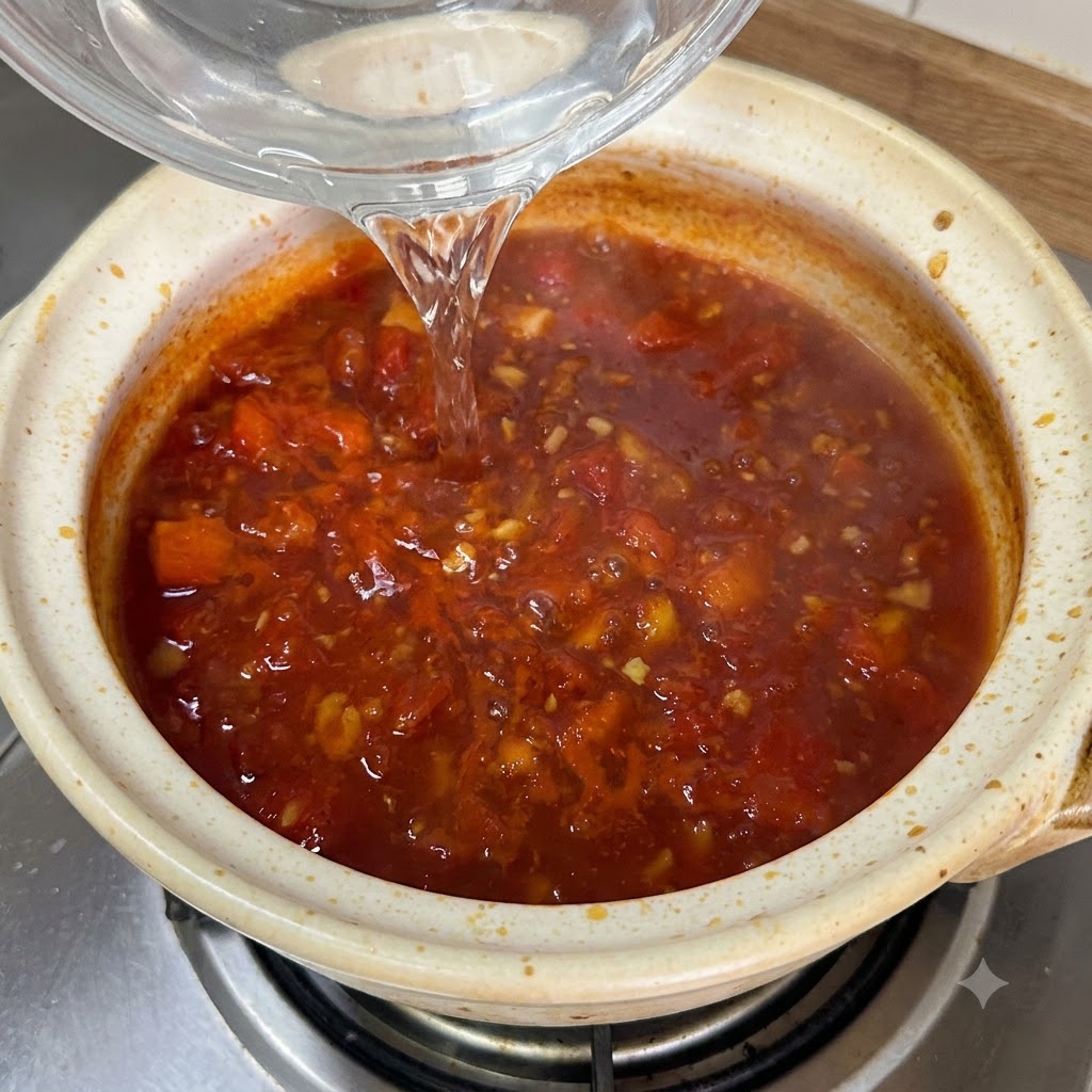 Fideos frescos cocinándose en el burbujeante caldo de tomate dentro de la olla de cerámica.