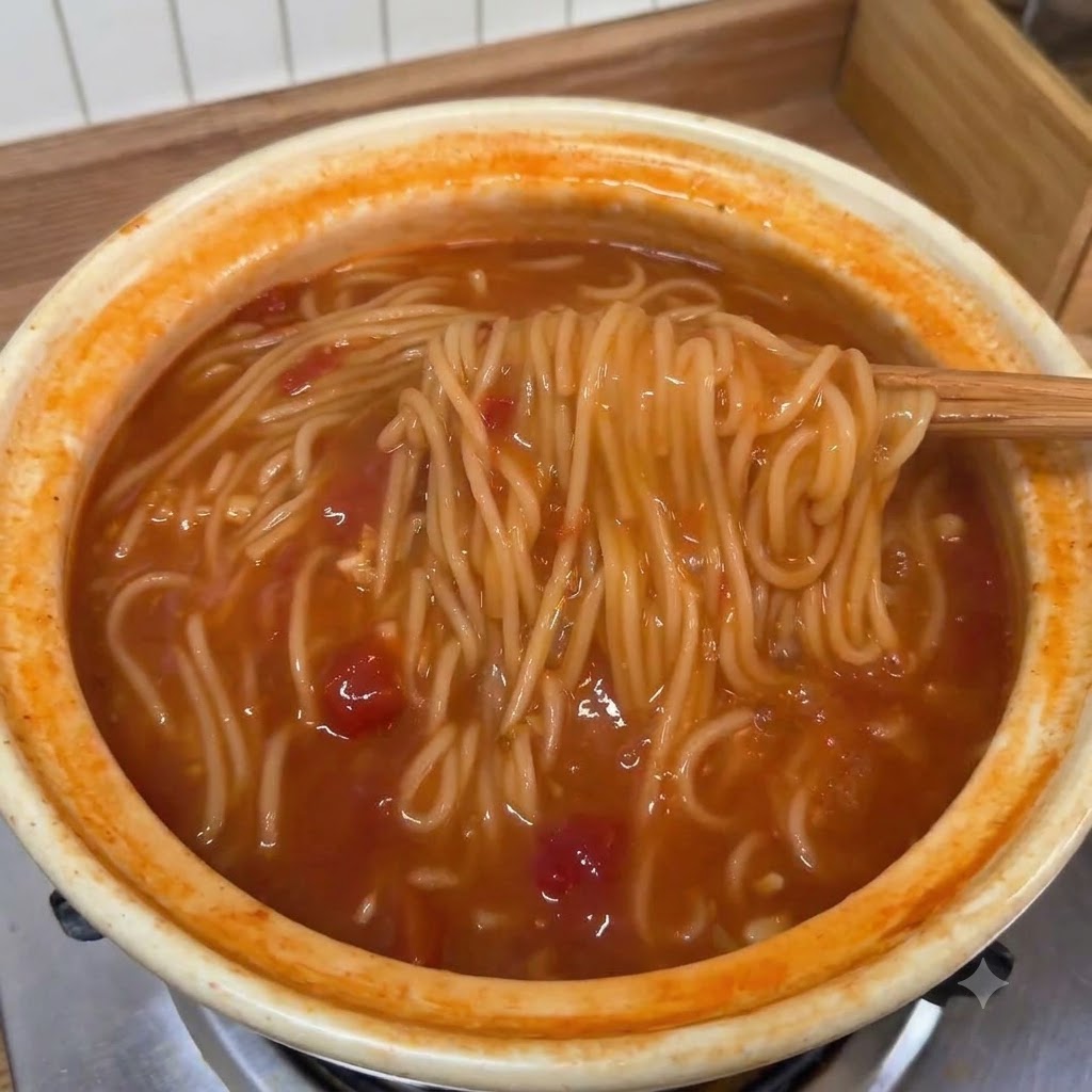 Unos palillos levantando fideos cocidos de la rica olla de sopa de tomate llena de varios ingredientes.