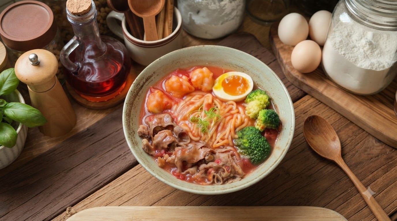 Fideos en Sopa Espesa con Tomate y Ternera a la Plancha con Melocotones al Té