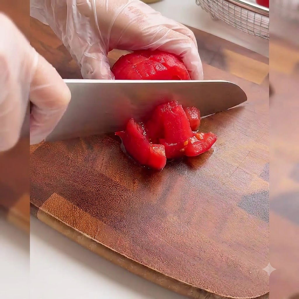 Una mano con guante cortando tomates rojos pelados en cubos pequeños sobre una tabla de picar de madera.