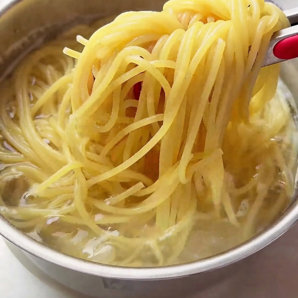 Pasta cocida siendo transferida con pinzas a un tazón con agua fría.
