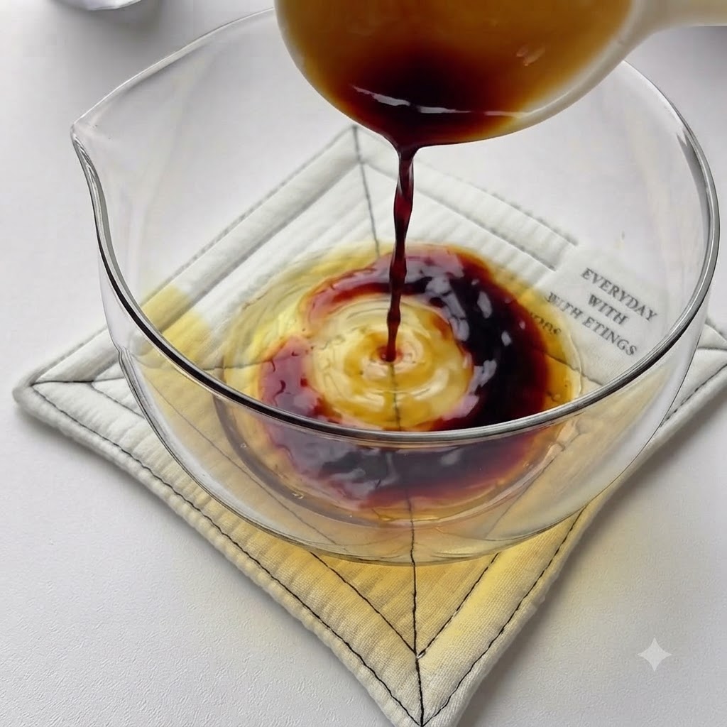 Salsas y condimentos siendo vertidos y mezclados en una taza medidora de vidrio.