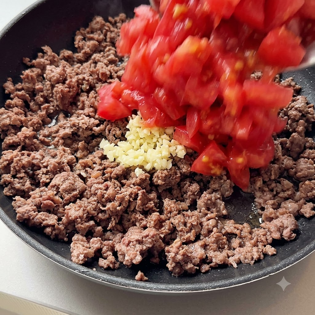 Ajo picado y tomates en cubos siendo añadidos a la sartén con la carne molida cocida.