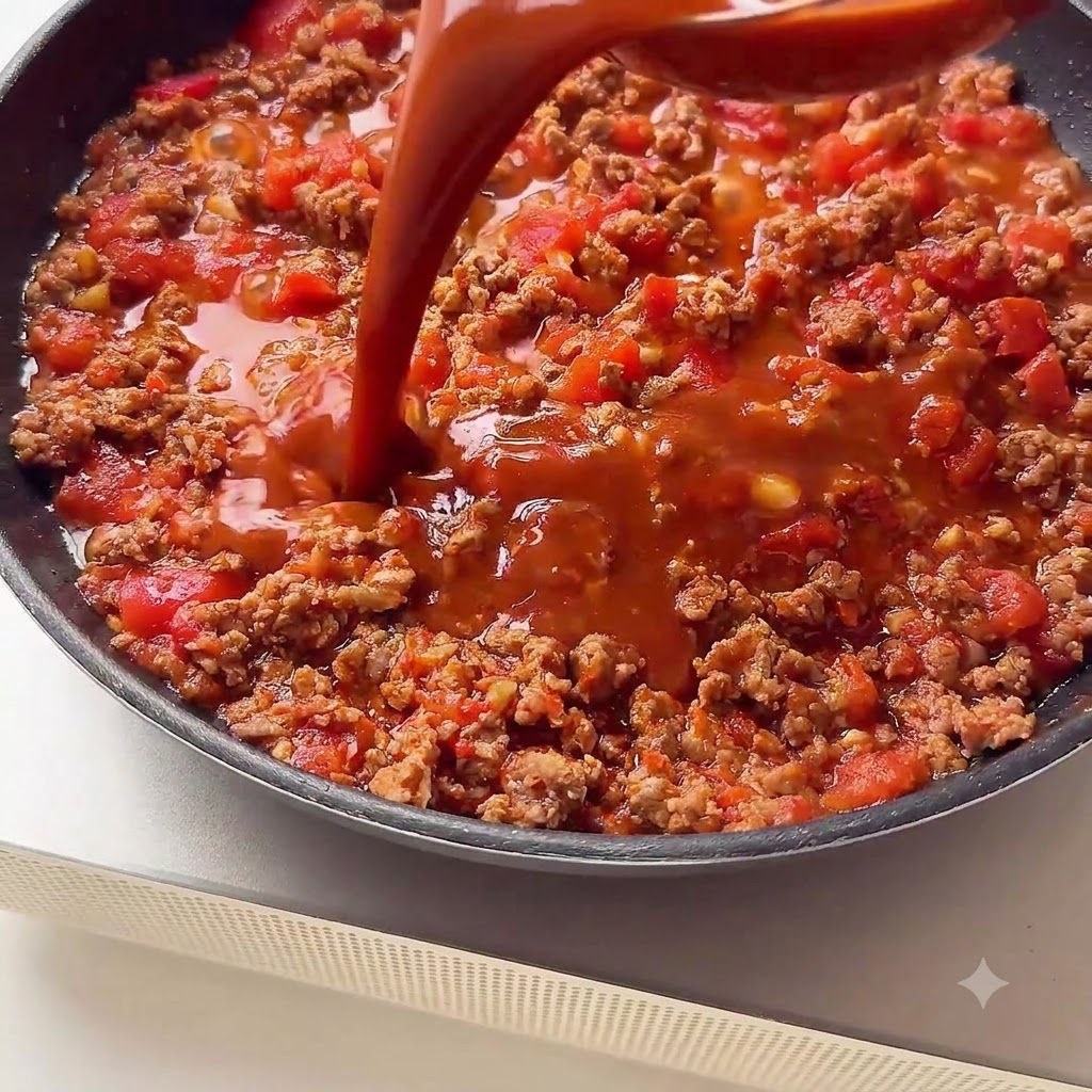 Salsa de color marrón rojizo siendo vertida desde un recipiente hacia una sartén que contiene carne cocida y tomates picados.