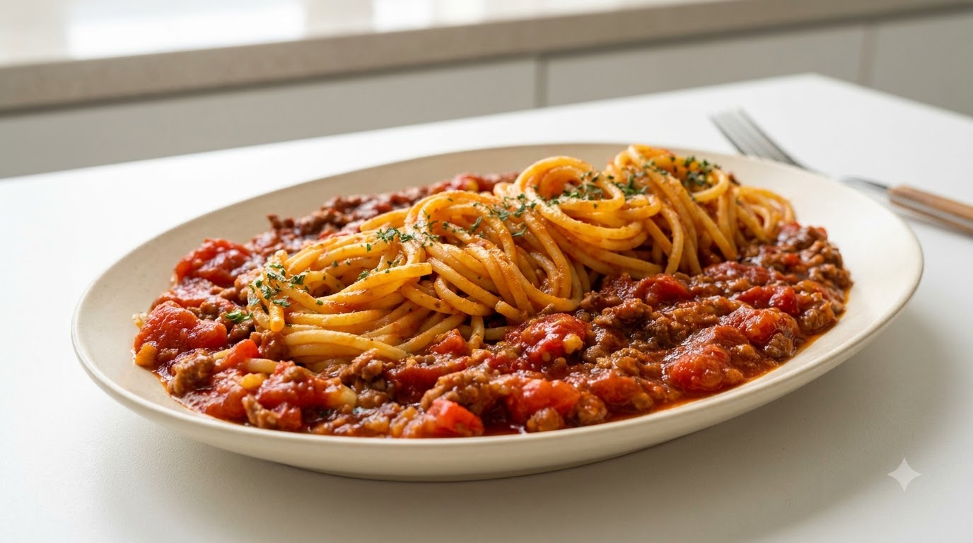 Espagueti con Carne y Tomate al Estilo Fusión
