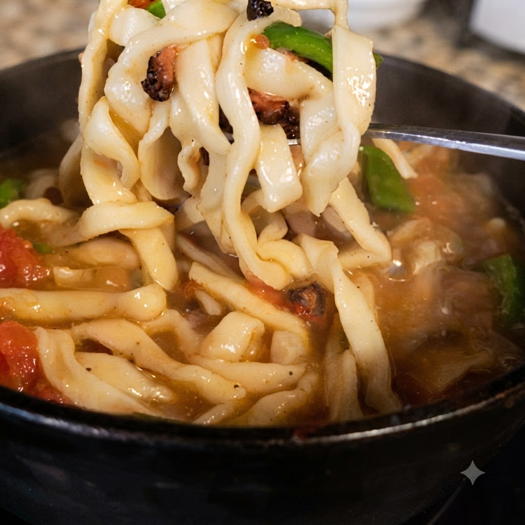 Fideos estirados a mano levantados con palillos de una olla burbujeante de caldo.