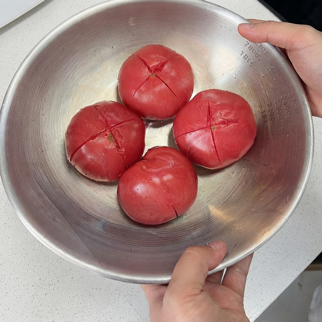 Cuatro tomates frescos colocados en un tazón de metal grande con un patrón de cruz claro en la parte superior.