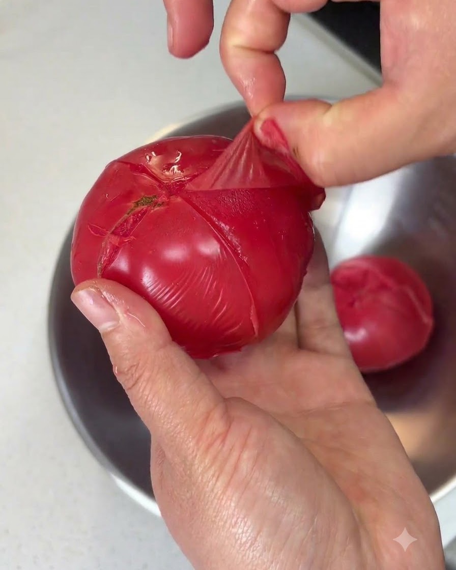 Manos pelando la piel fina de un tomate escaldado, revelando la pulpa roja y suave debajo.