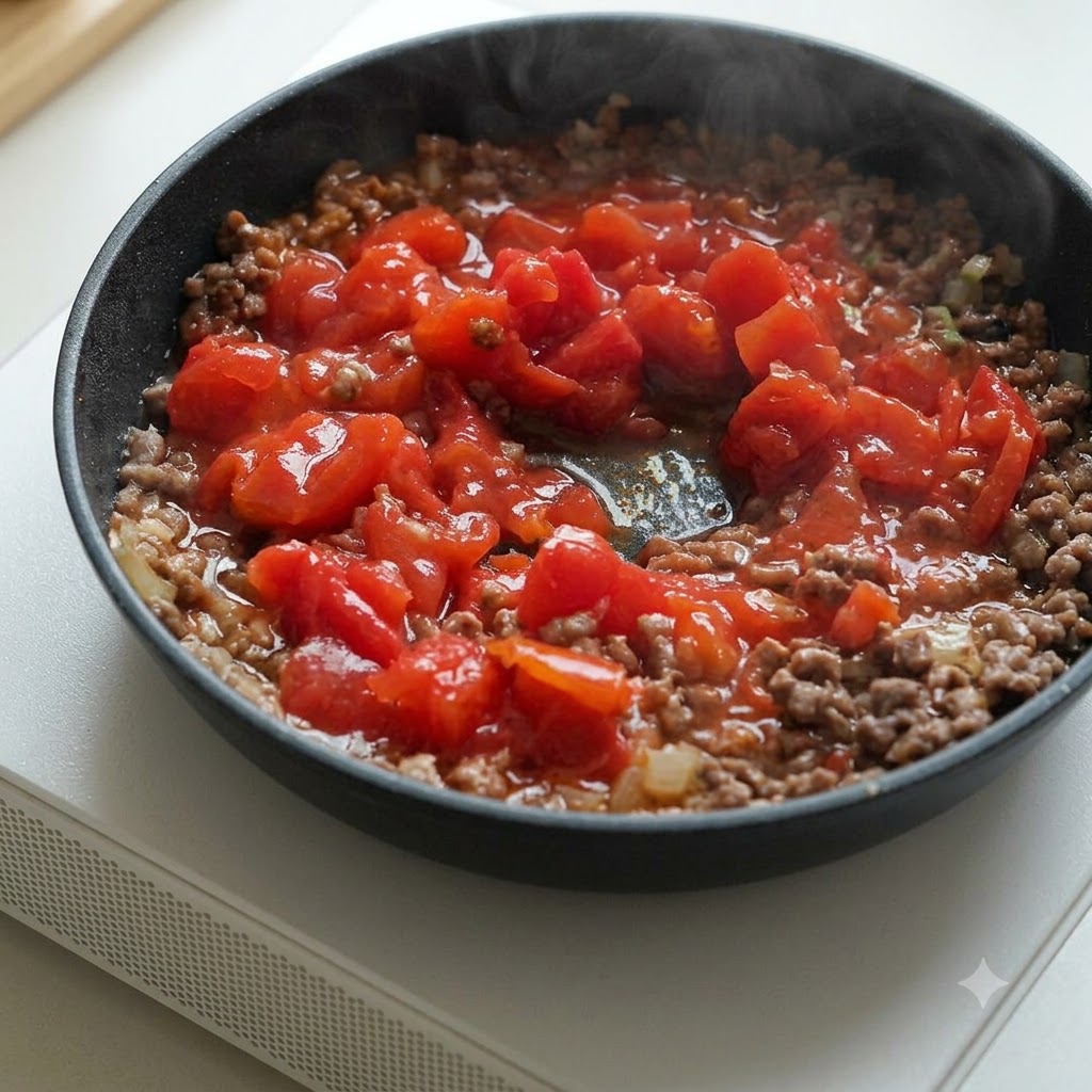 Tomates picados en lata siendo incorporados a una sartén con carne picada cocinada.