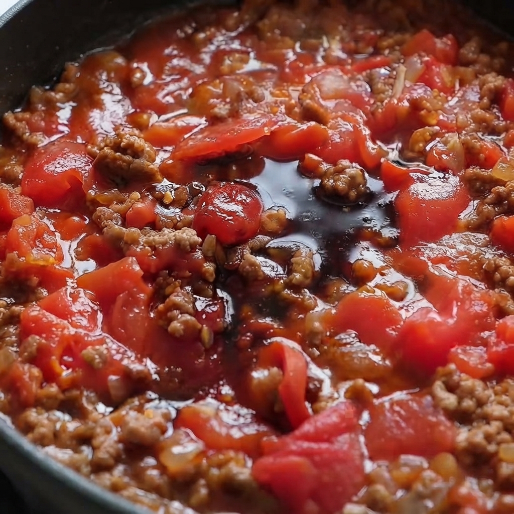 Salsas oscuras como la de soja y ostra agrupadas en el centro de una rica salsa de tomate y carne picada en una sartén.