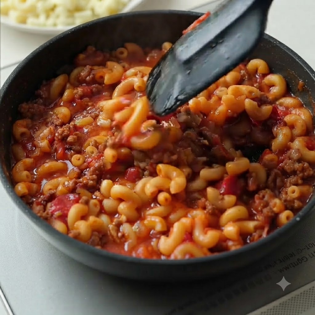 Macarrones cocidos siendo incorporados a una rica salsa de carne dentro de una sartén.