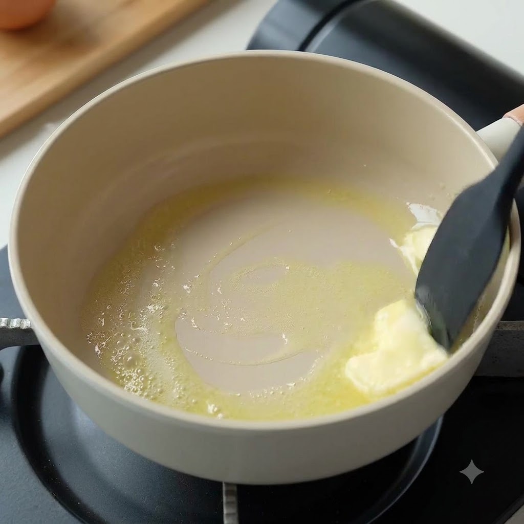 Un bloque de mantequilla derritiéndose dentro de una olla limpia a fuego suave.