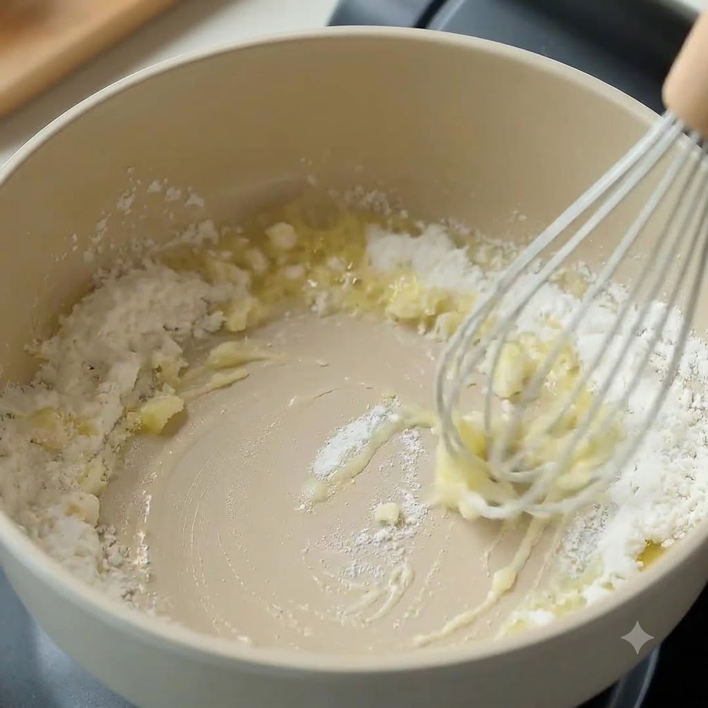 Harina siendo batida con mantequilla derretida en una olla para formar un roux.