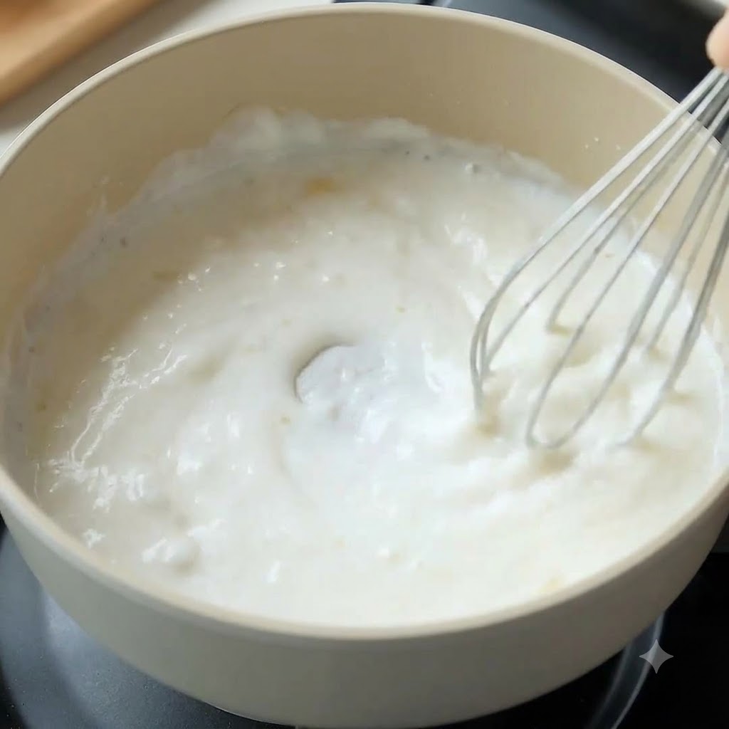Un batidor mezclando leche y harina en una cacerola de color claro para formar una salsa blanca.