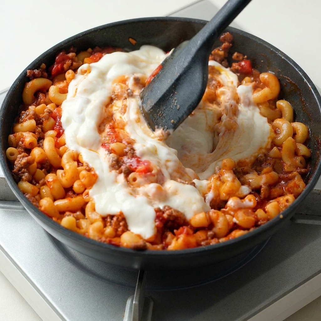 Una espátula mezclando salsa blanca cremosa con macarrones y carne en una sartén.