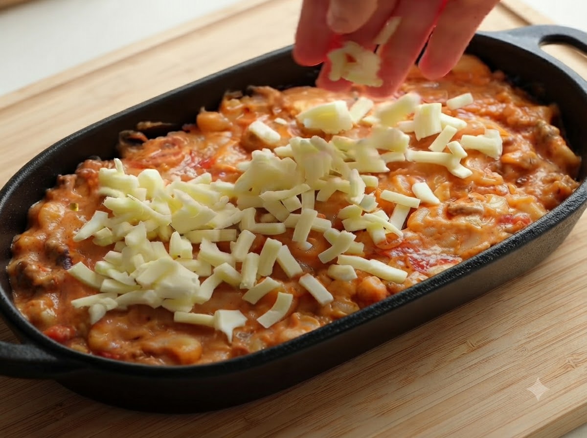 Una mano esparciendo queso mozzarella rallado uniformemente sobre la parte superior de la mezcla de pasta dentro de una fuente de horno negra.
