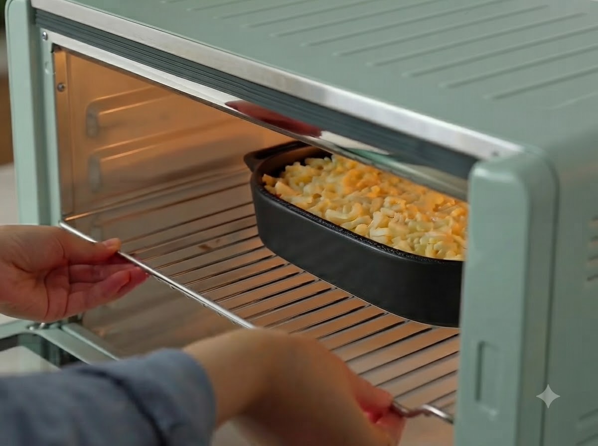 Un par de manos deslizando una rejilla de alambre con una fuente de horno negra llena de pasta con queso hacia el interior de un horno de encimera verde menta.