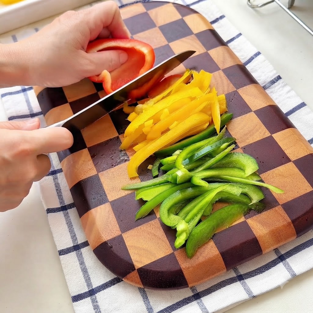 Una persona cortando pimientos coloridos en tiras finas sobre una tabla de cortar de madera a cuadros.