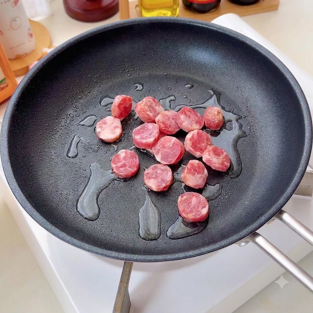 Rodajas de salchicha friéndose en una sartén con aceite a fuego medio.