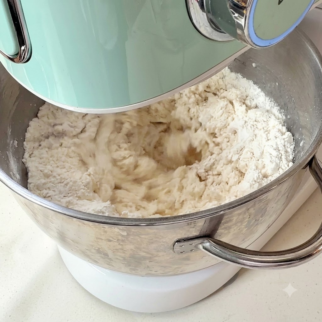 Ingredientes siendo mezclados y amasados dentro del tazón de una batidora de pedestal para formar una masa suave.
