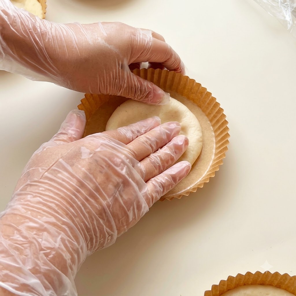 Manos con guantes presionando la masa hacia afuera desde el centro dentro de un molde de papel para formar una corteza de pizza.