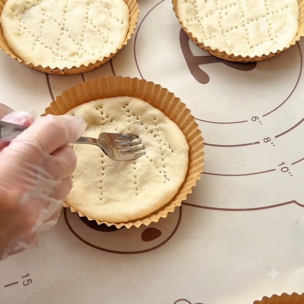 Un tenedor pinchando agujeros en la superficie de una base de masa de mini pizza moldeada dentro de un molde de papel.