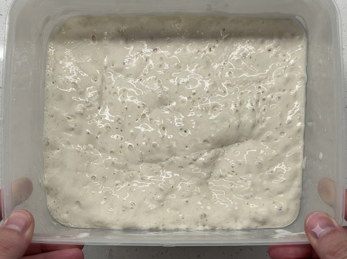 Una vista de cerca de la sal y la harina que se añaden a un recipiente rectangular lleno de masa de poolish con burbujas.
