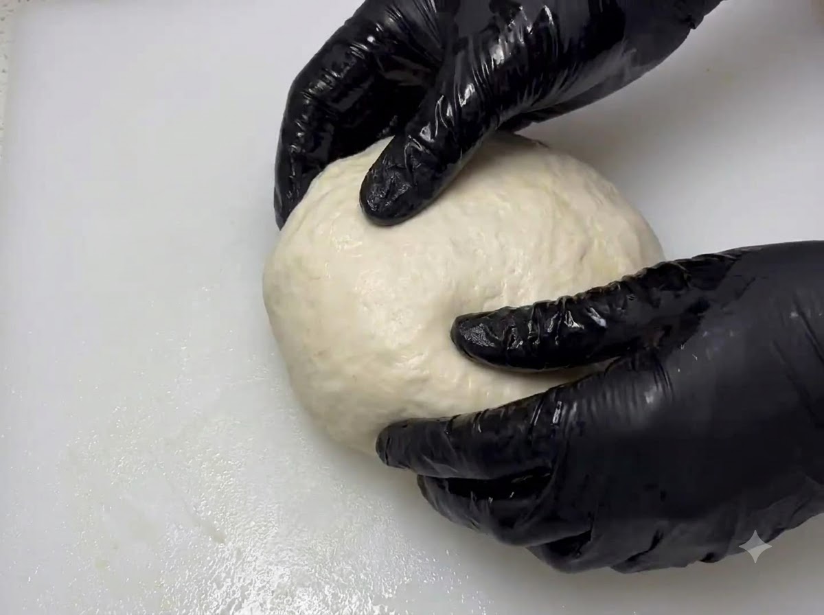 Manos con guantes estirando y tirando de una bola redonda de masa a través de una tabla de cortar blanca.
