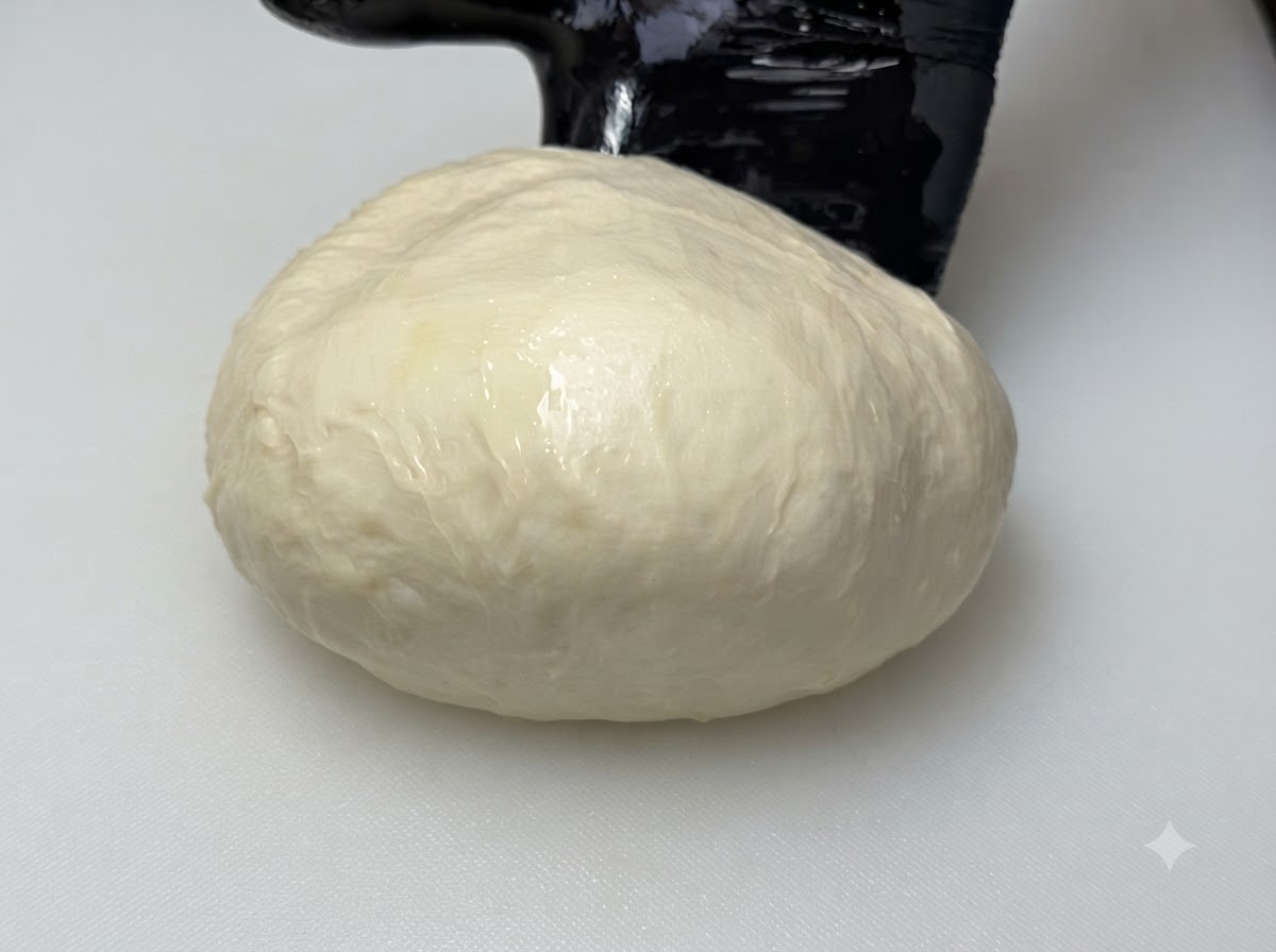 Una bola lisa de masa aceitada que reposa dentro de un bol de cristal.