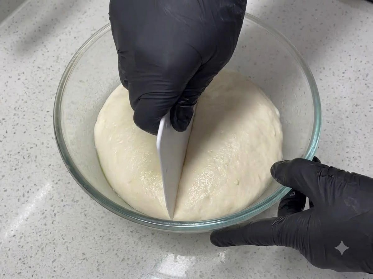 Un par de manos enguantadas utilizando un cortador de masa de plástico blanco para cortar limpiamente una bola de masa lisa y redondeada por la mitad dentro de un bol de cristal transparente.