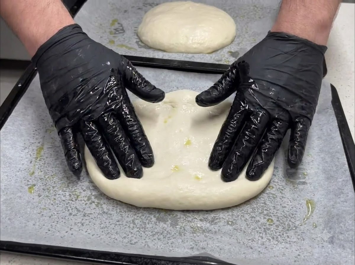 Manos con guantes presionando y aplanando un trozo redondo de masa en una bandeja de horno para estirarla hacia fuera.