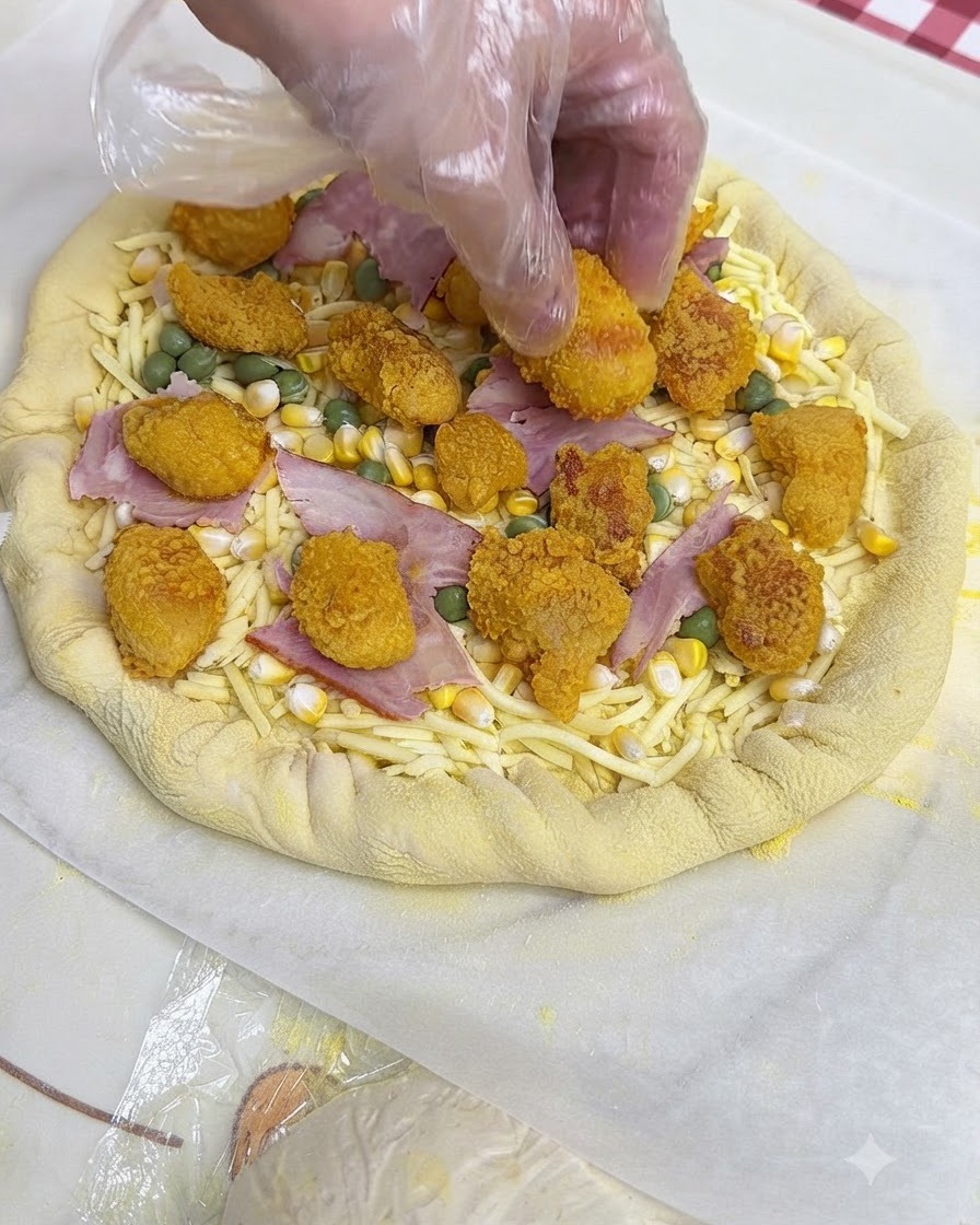 Mano con guante colocando trozos de pollo rebozado y bañado sobre una base de pizza cubierta de queso, maíz, guisantes y tocino.
