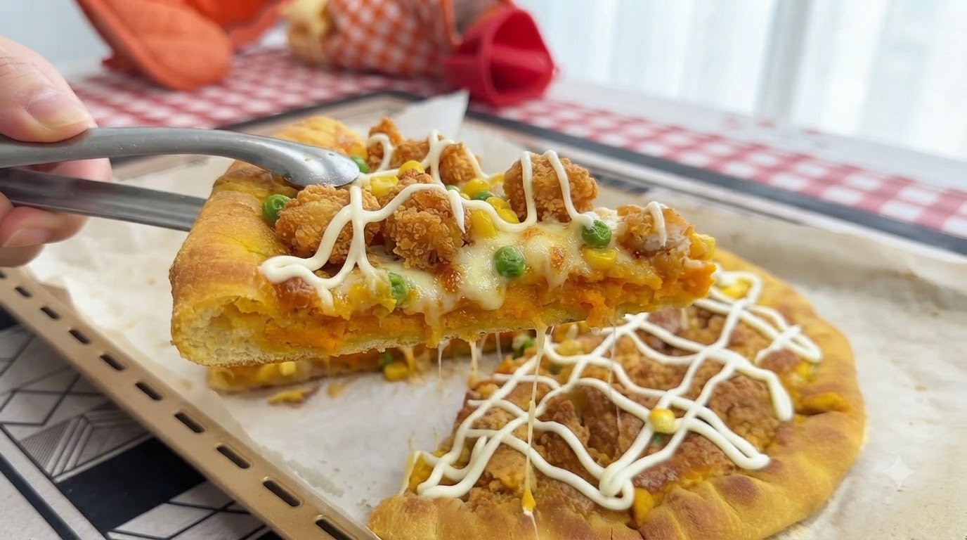 Pizza de pollo crujiente y yema de huevo salada con borde relleno de batata