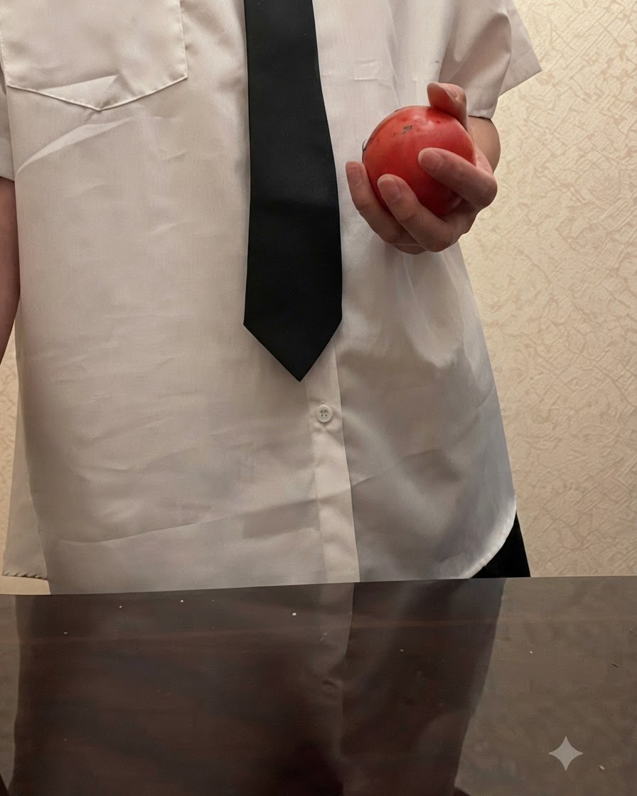 Una persona sosteniendo un tomate rojo fresco entero contra una camisa blanca y una corbata negra.