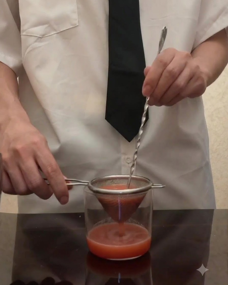 Puré de tomate colándose a través de un colador de malla cónica en un vaso usando una cuchara de bar retorcida.