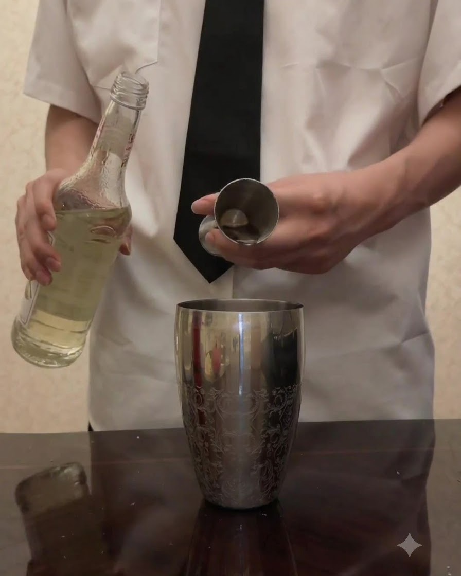 Jarabe transparente siendo vertido desde una botella en un medidor sostenido sobre una coctelera de acero inoxidable.