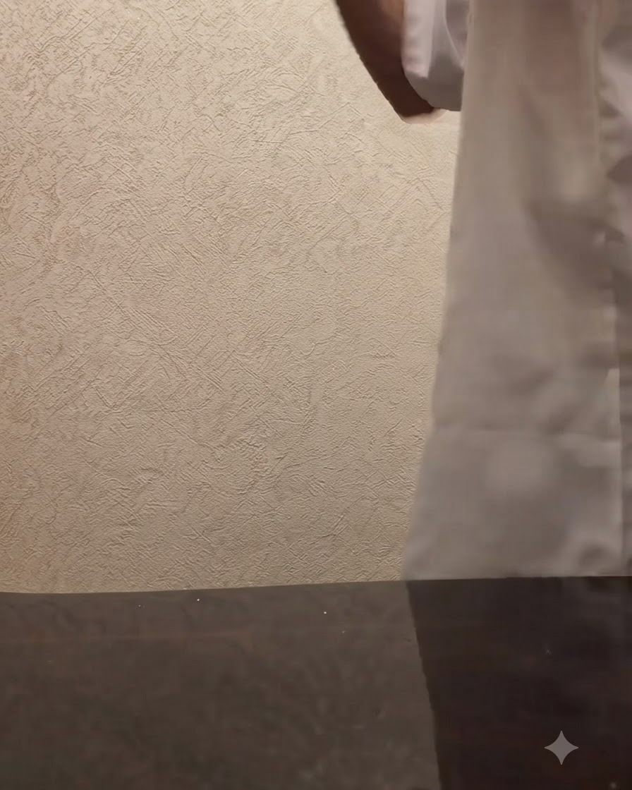 Una persona agitando vigorosamente una coctelera de plata contra una pared de color beige con textura.